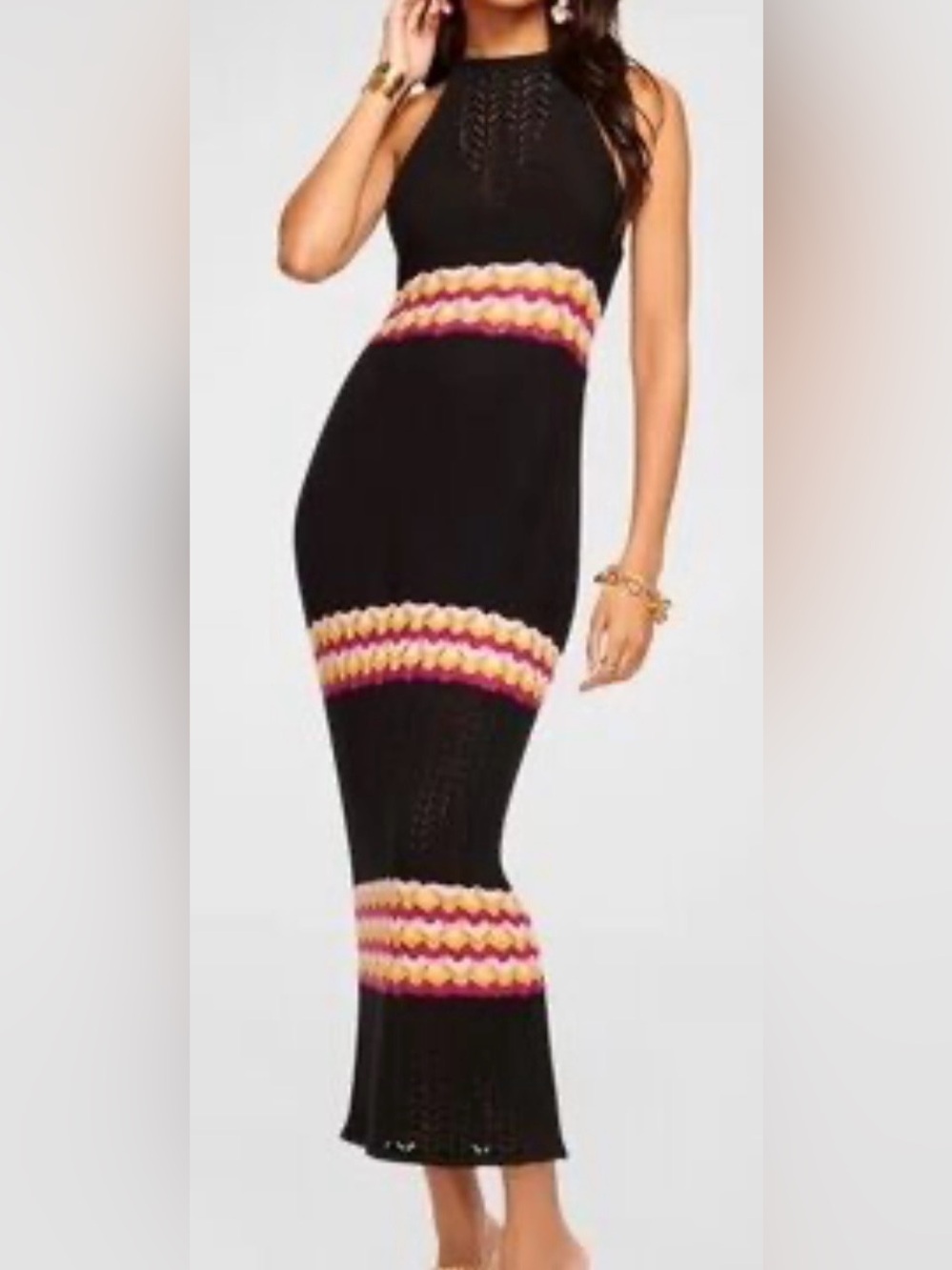 Ramy Brook Black Knit Maxi Dress with Pink Yellow Cream Stripe